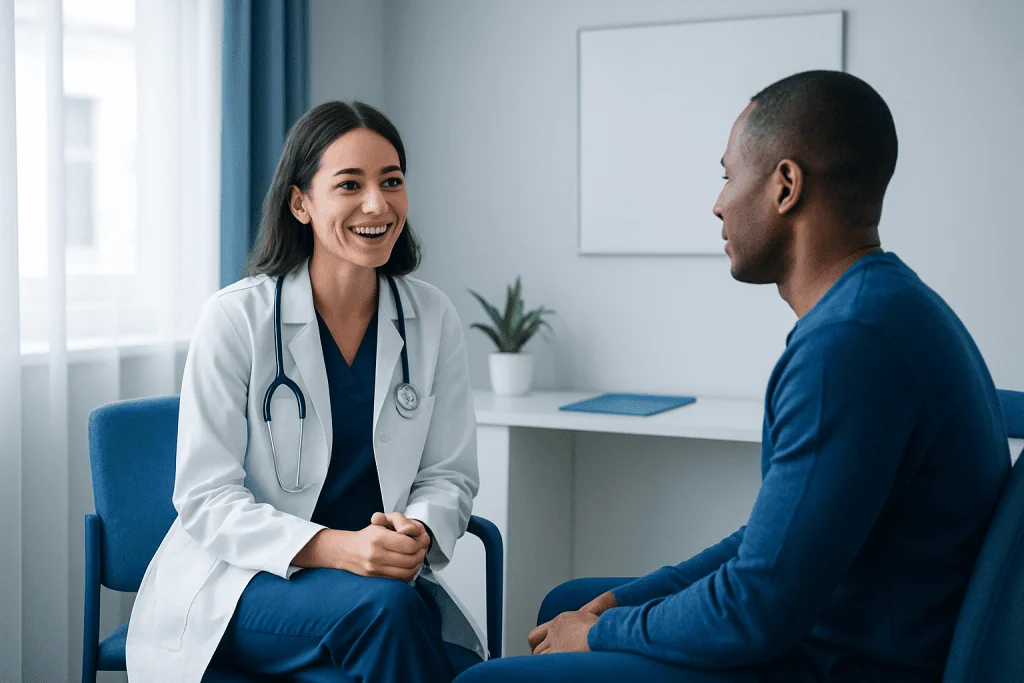 Doctor consulting with a patient in a modern medical office.