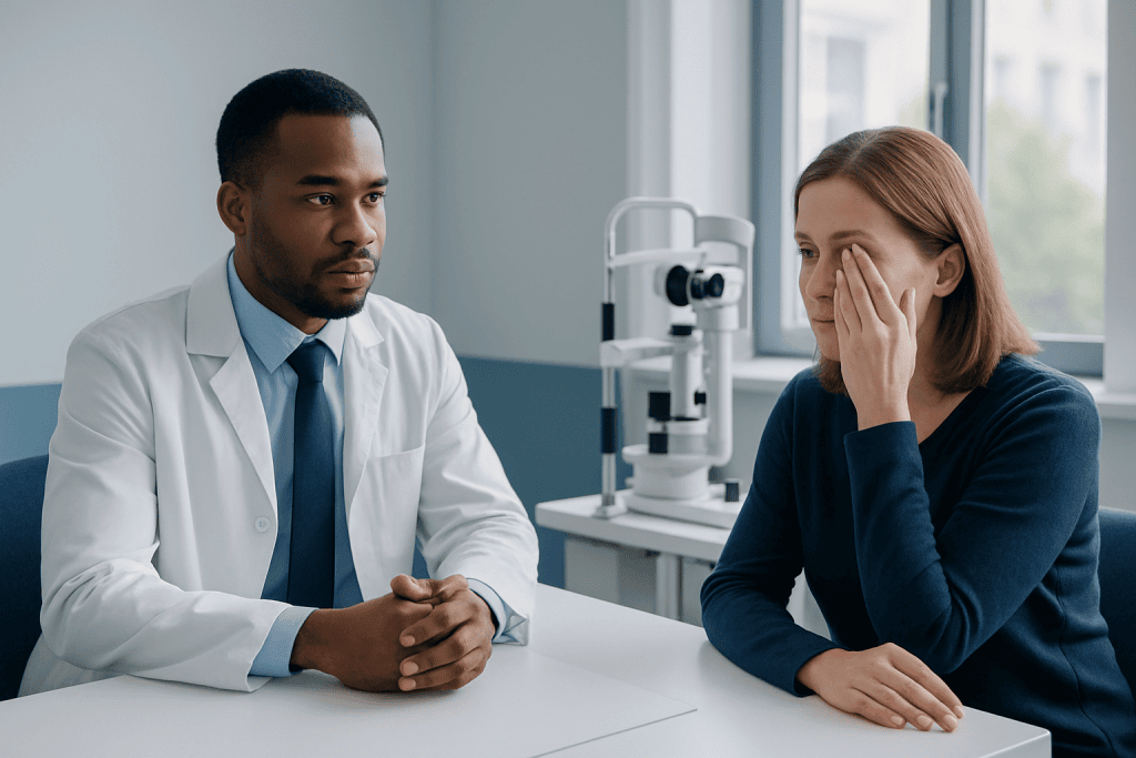 Doctor consulting with a patient about eye health and cancer diagnosis.