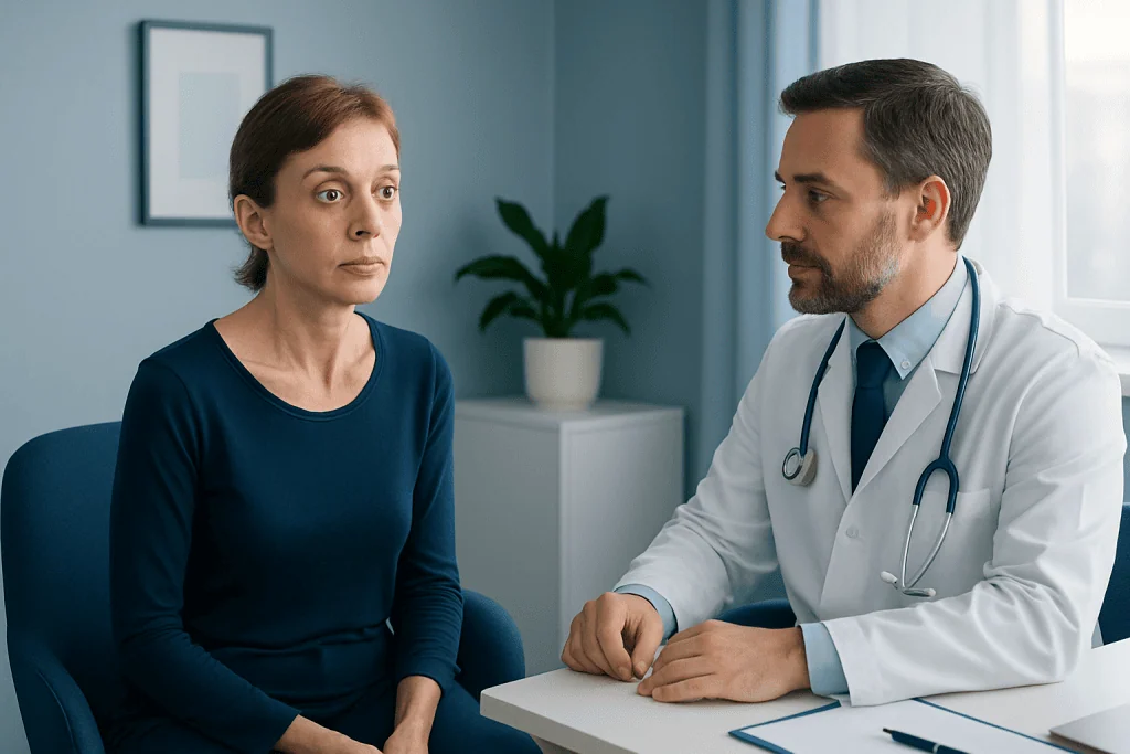 Doctor consulting with a woman patient in a medical office setting.
