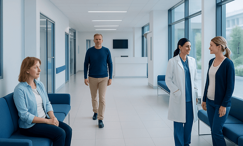 Modern hospital corridor with medical staff and patient in waiting area.