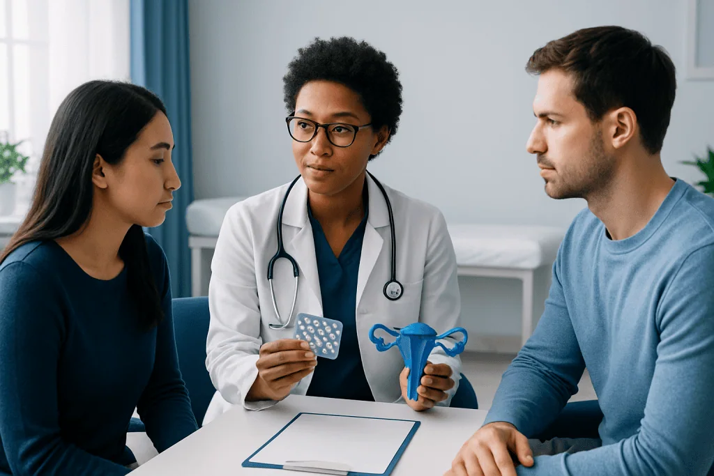 Doctor explaining contraceptive options to a couple in a consultation room.