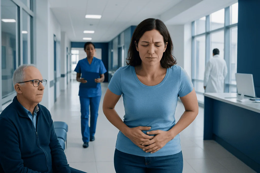 How to Remove Gas From Stomach Instantly? A Doctor-Reviewed Answer 1 Woman experiencing stomach pain in hospital corridor with medical staff nearby.