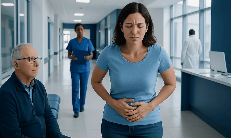 Woman experiencing stomach pain in hospital corridor with medical staff nearby.