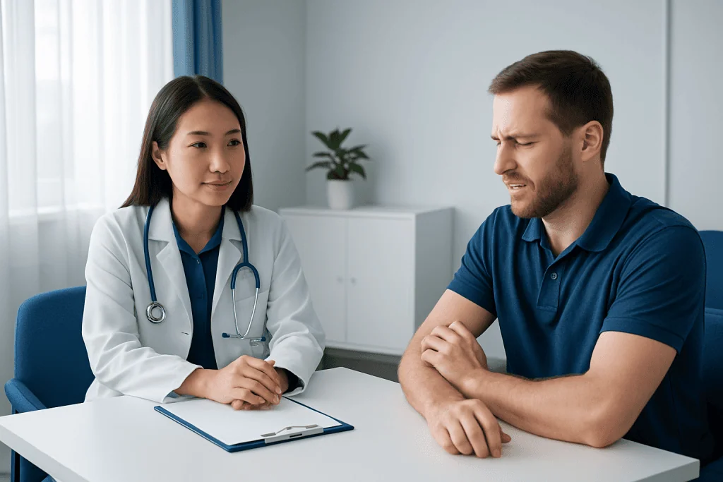 Doctor consulting patient about skin itching treatment options.