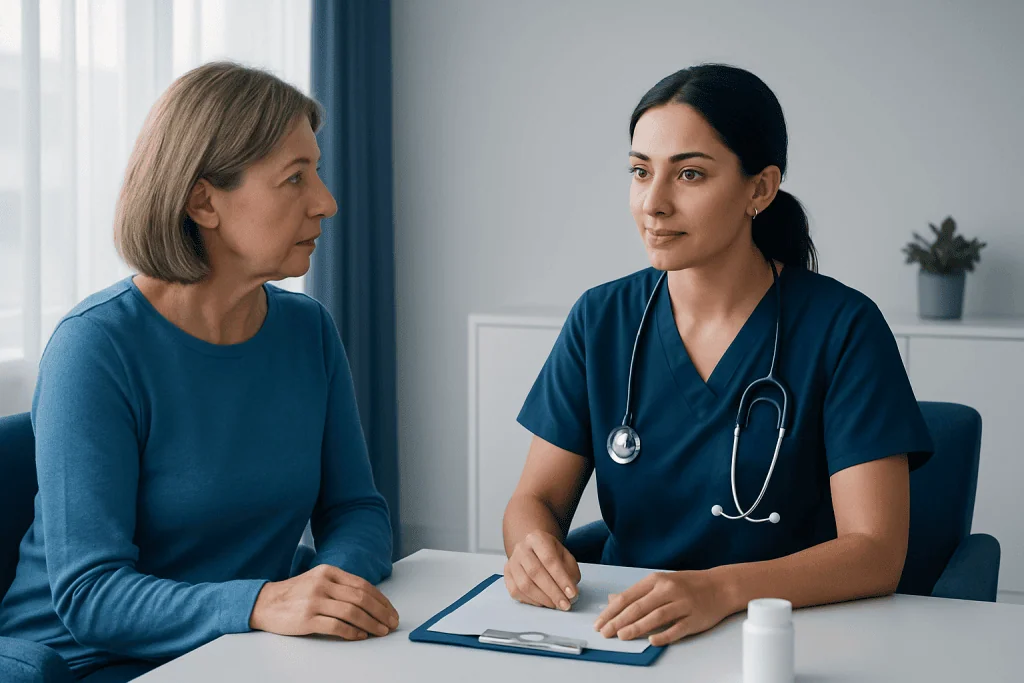 Doctor consulting with a patient about anesthesia preparations in a hospital setting.