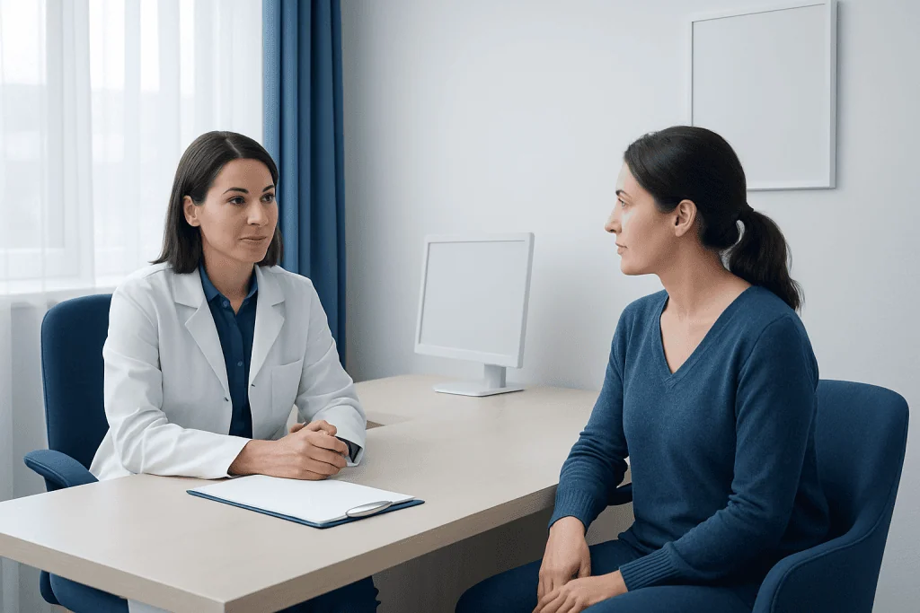 Doctor consulting with a patient in a medical office setting.
