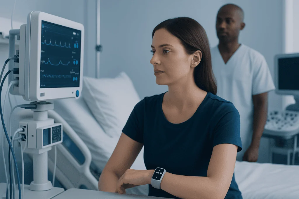 Woman wearing smartwatch monitoring health in hospital setting.