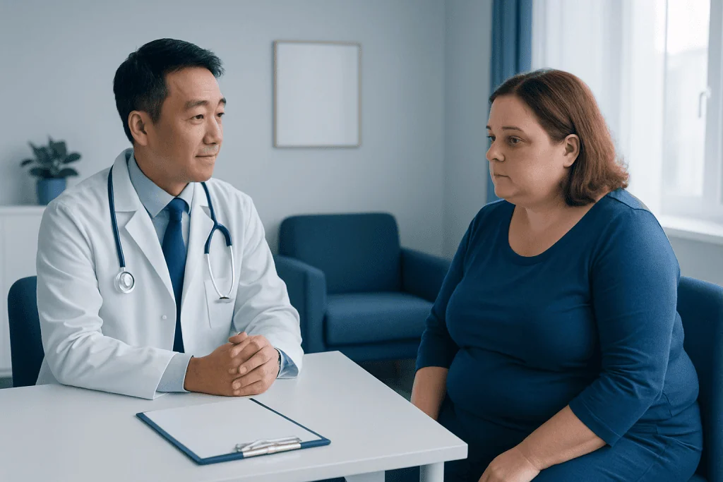 Doctor consulting with a woman patient about hormonal health in a clinic setting.