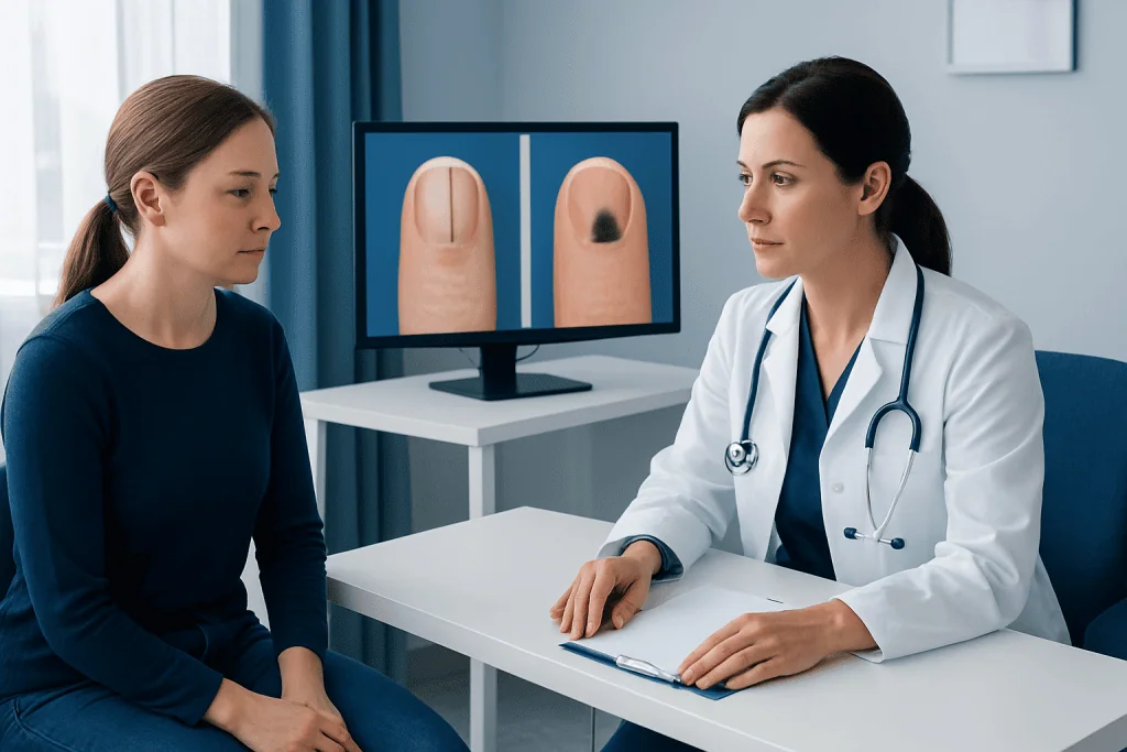 Doctor explaining nail melanoma vs normal nail to patient in clinic.