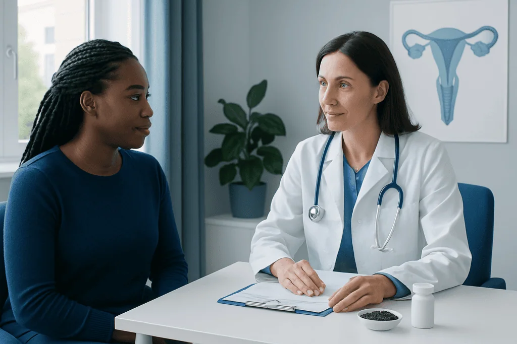 Doctor consulting with a female patient in a medical office setting.