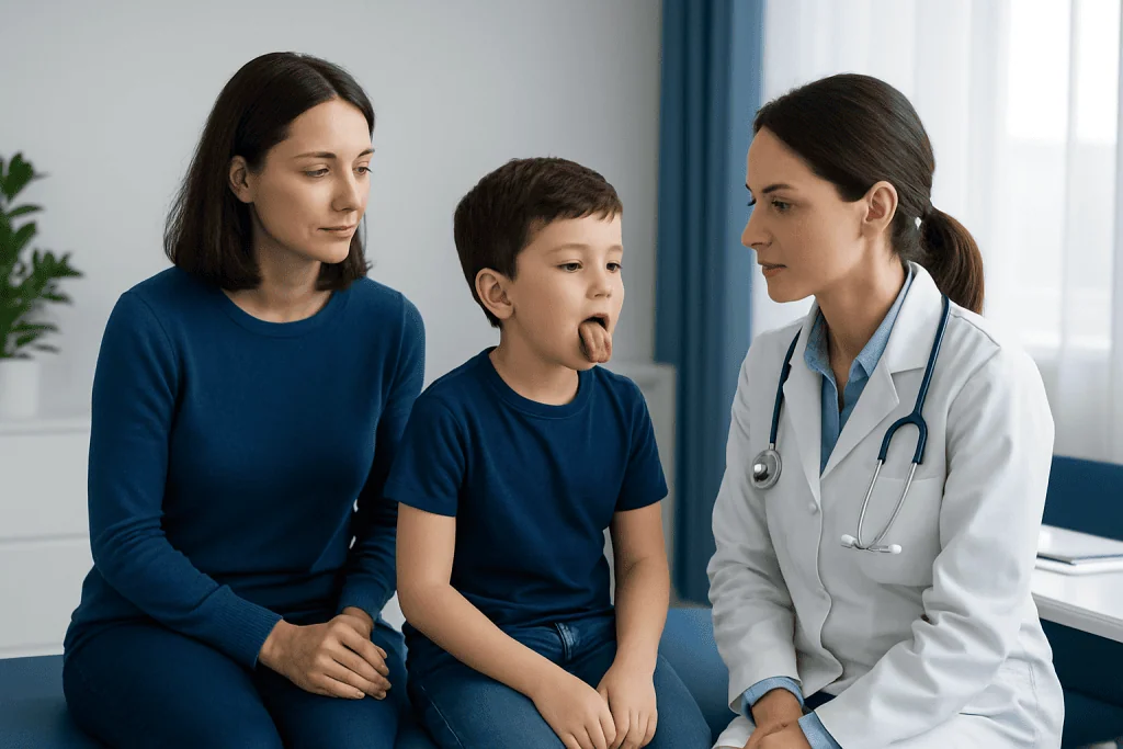 Doctor examines child's tongue in a medical consultation.