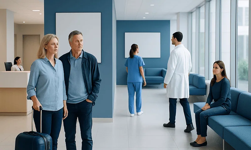 Patients waiting in a modern hospital lobby with medical staff and visitors.