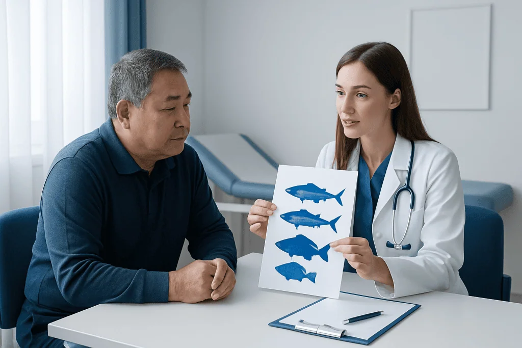Doctor explaining fish types for uric acid management to patient.
