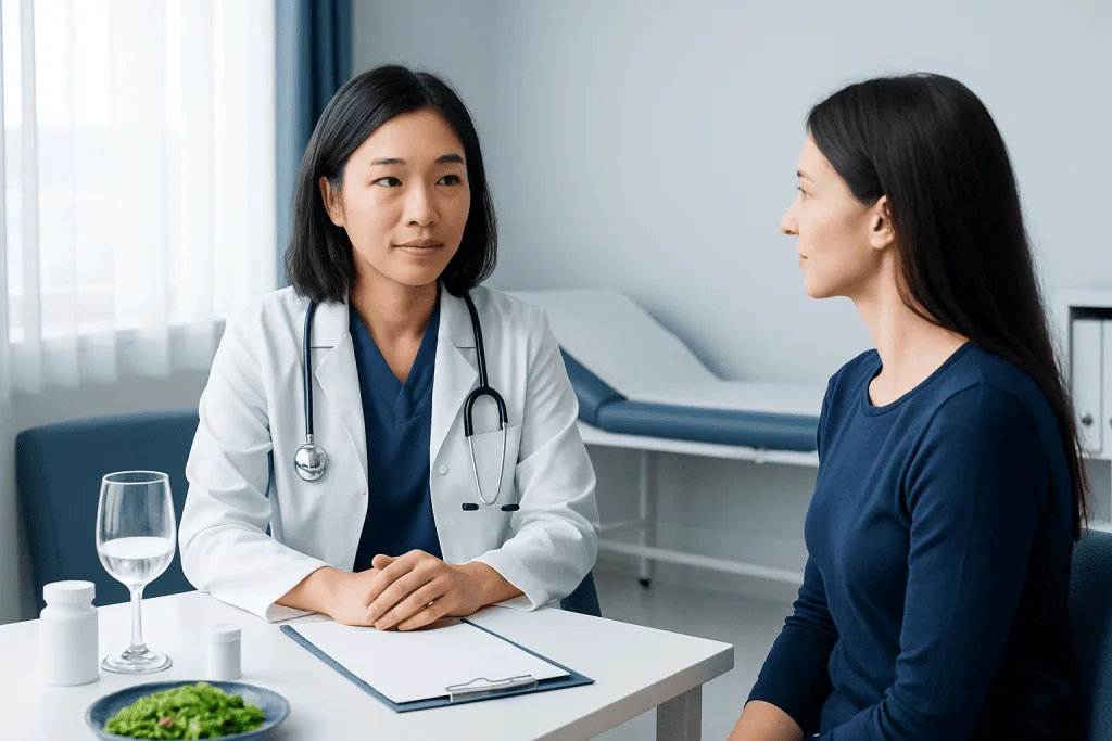 Doctor consulting with a female patient in a medical office setting.