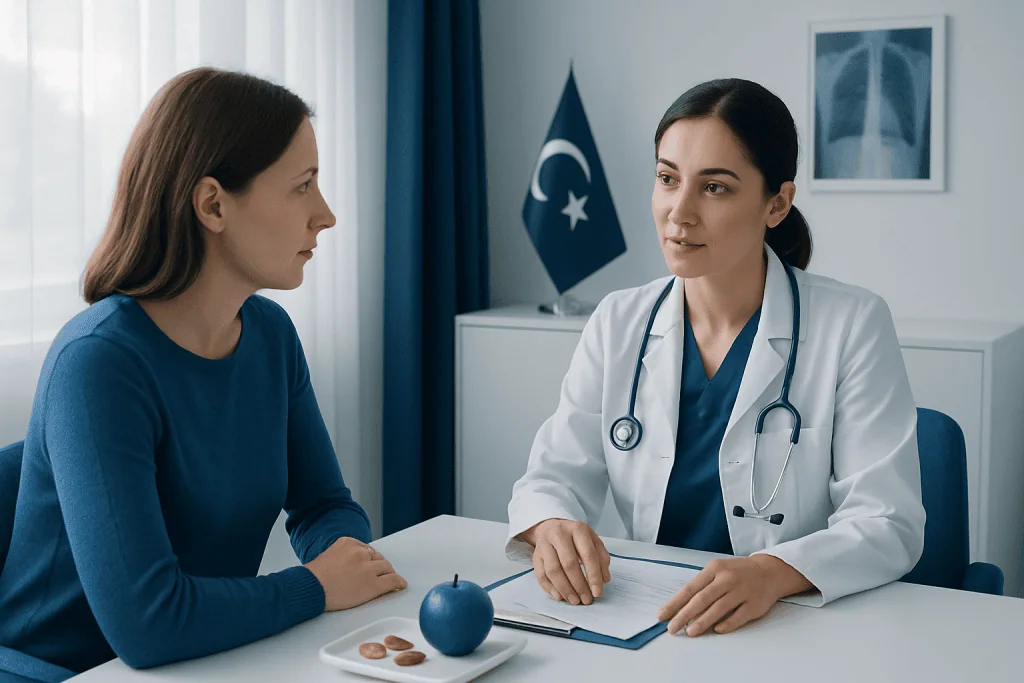 Doctor consulting with patient in a medical office with Turkish flag in background.