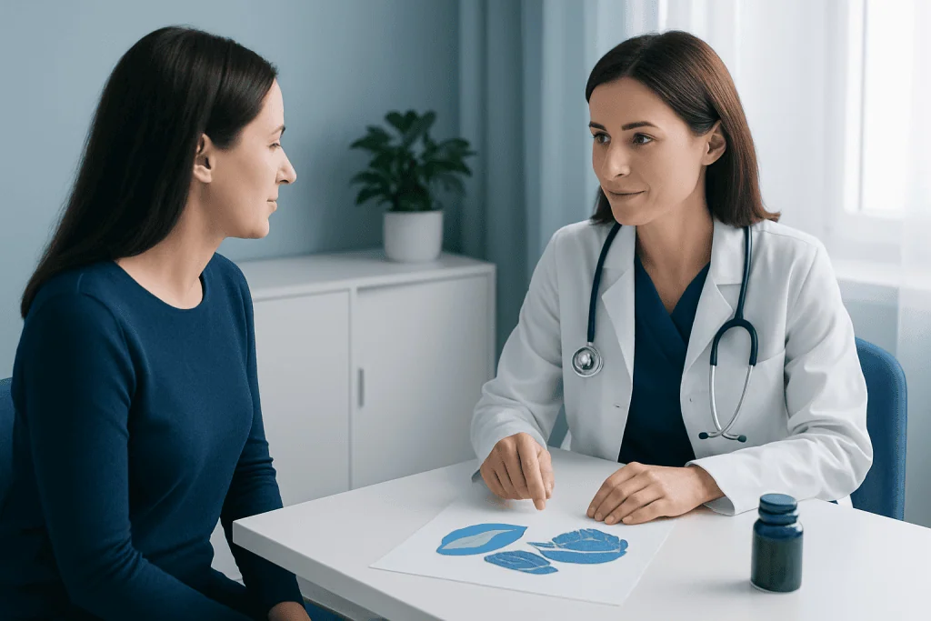 Doctor consulting with patient about medical images in a clinic setting.