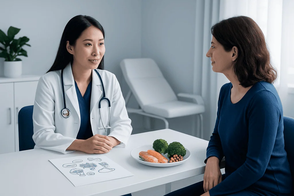 Doctor consulting with a patient in a modern hospital room.
