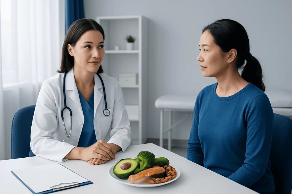 Doctor consulting patient about health at clinic with healthy food on table.