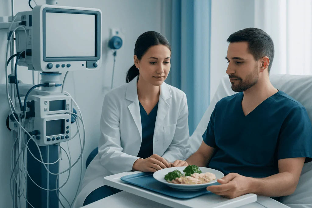 Doctor and patient discussing treatment in hospital room.