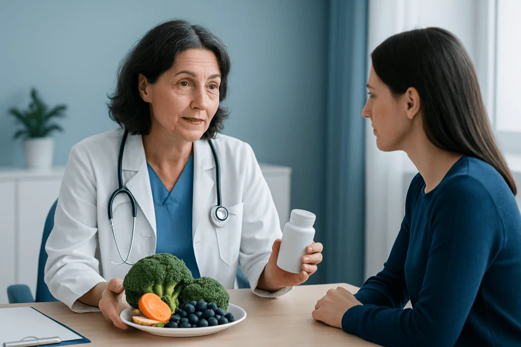 Doctor consulting with patient about dietary supplements in a clinic setting.