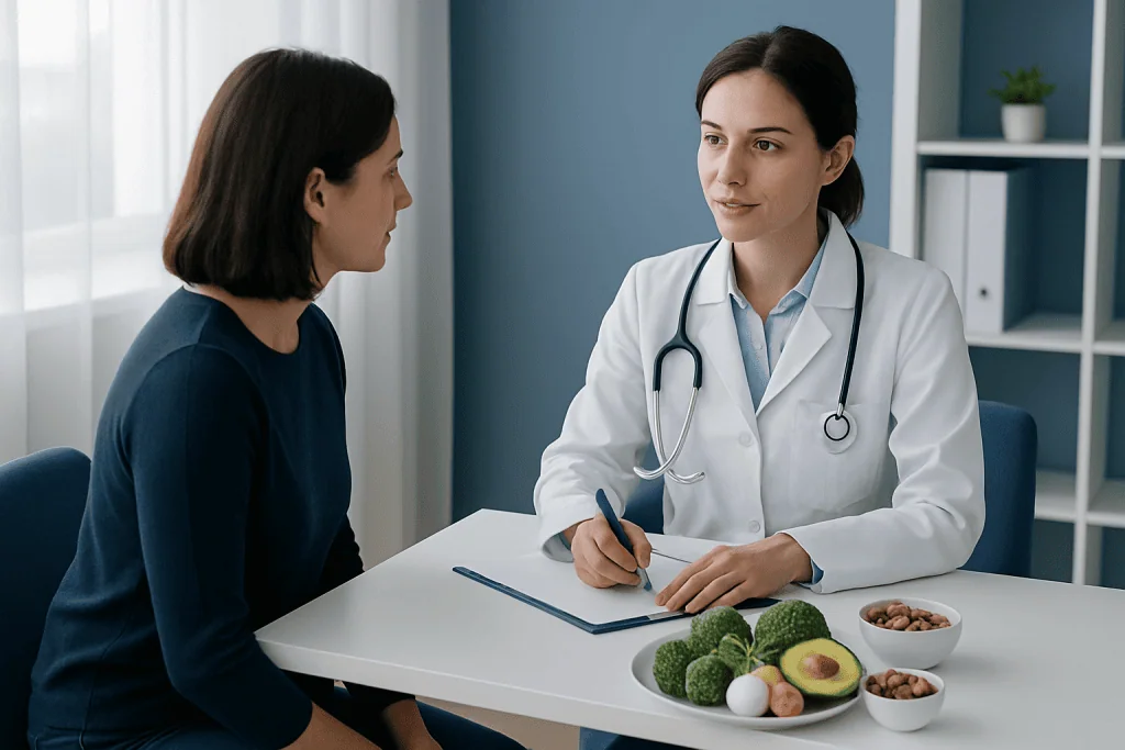 Doctor consulting a patient in a modern medical office with healthy foods on the table.