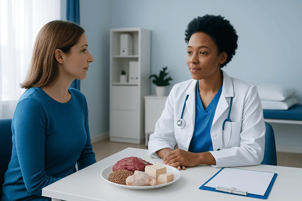 Doctor explaining lysine benefits to patient in a consultation room.