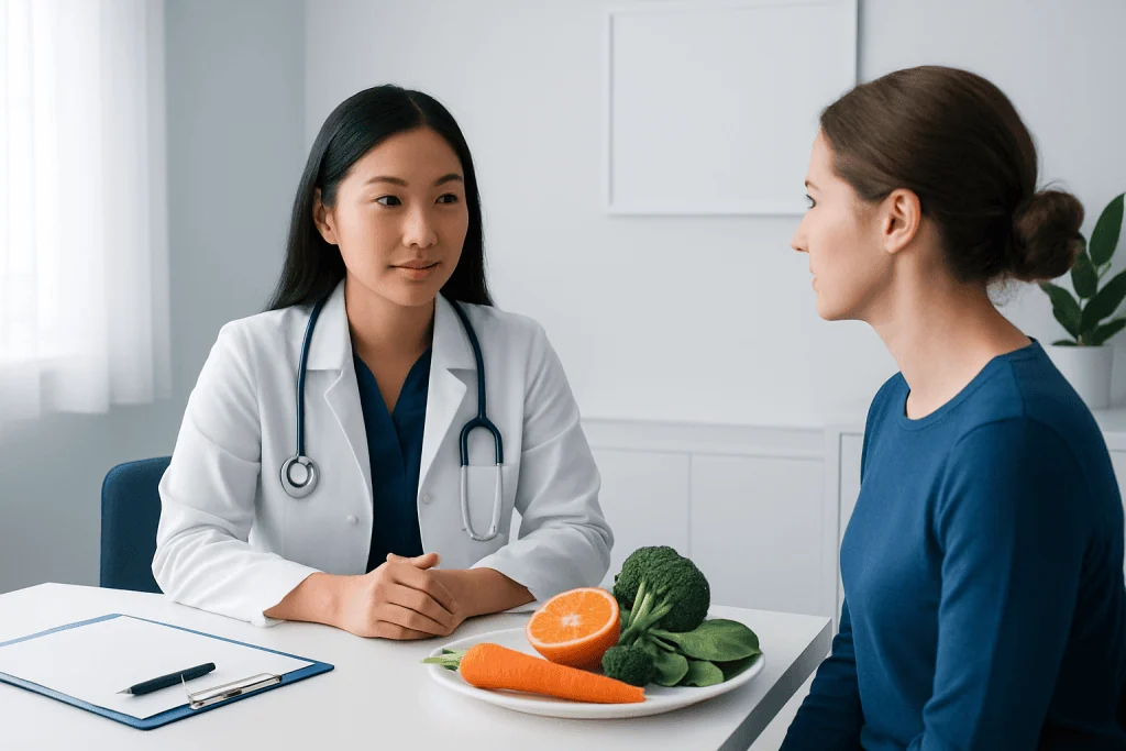 Doctor consulting patient about healthy diet and nutrition benefits.