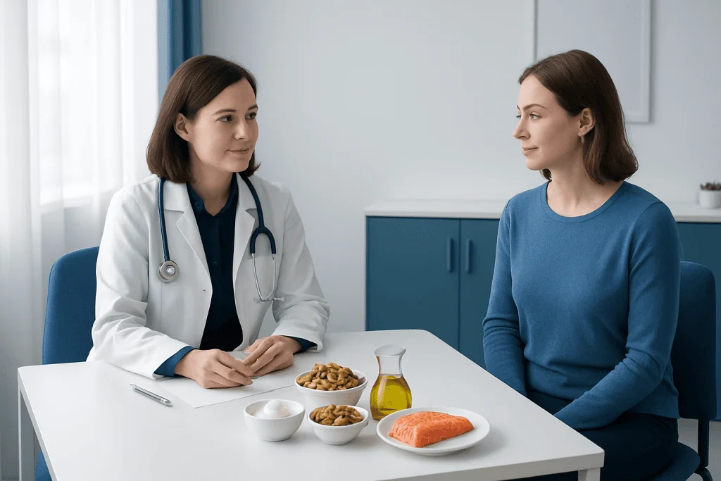 Doctor consulting patient about nutrition and health at clinic.
