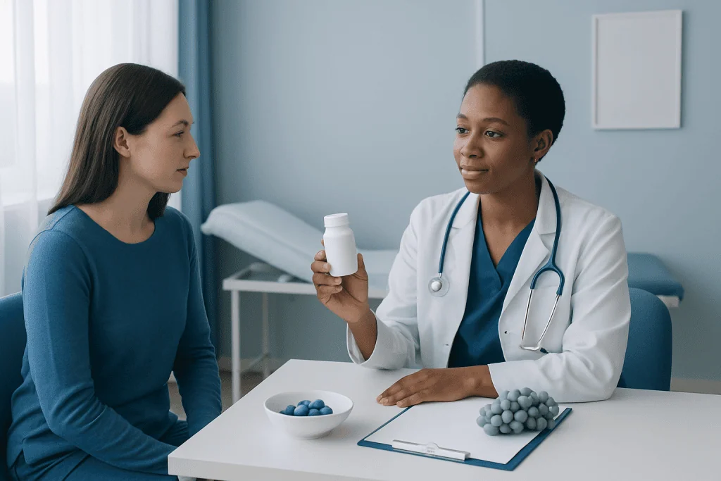 Doctor explaining supplement benefits to patient in clinic setting.