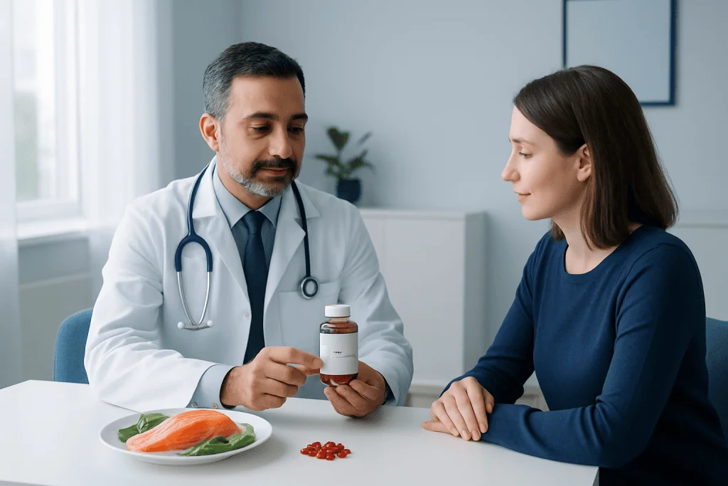 Doctor explaining medication to a patient in a clinical setting.