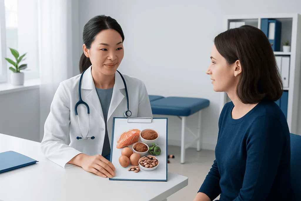 Doctor explaining selenium-rich foods to patient in a clinic setting.