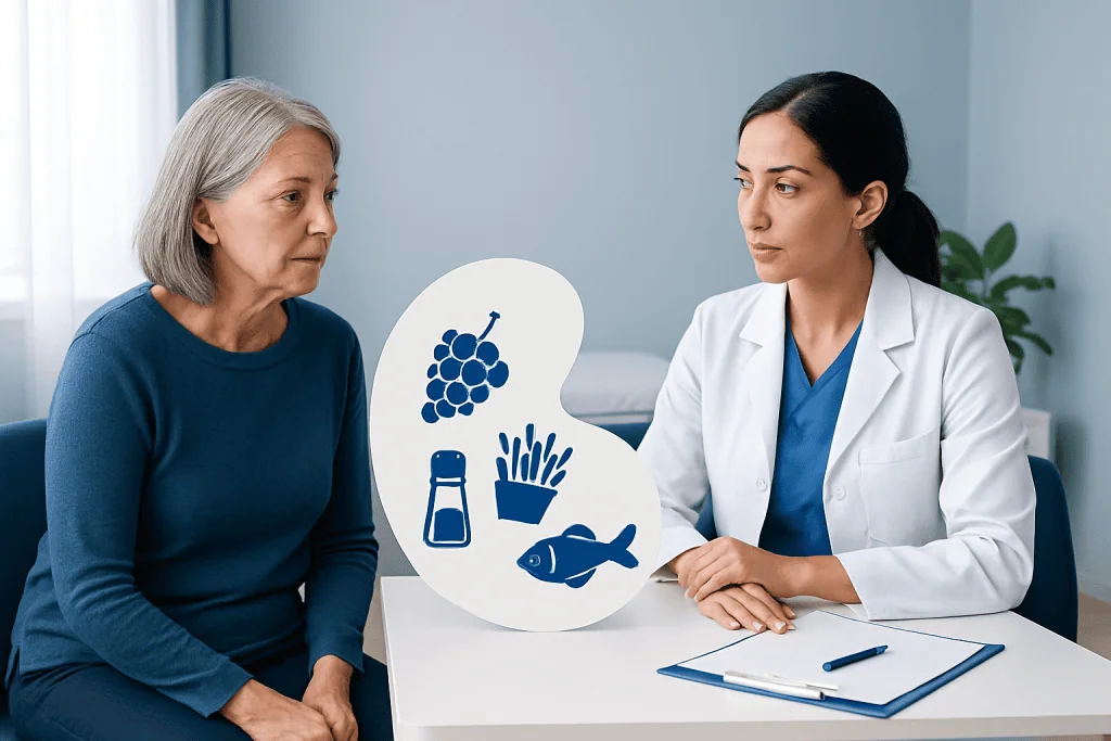 Doctor discussing dietary risks for kidney health with an elderly woman.
