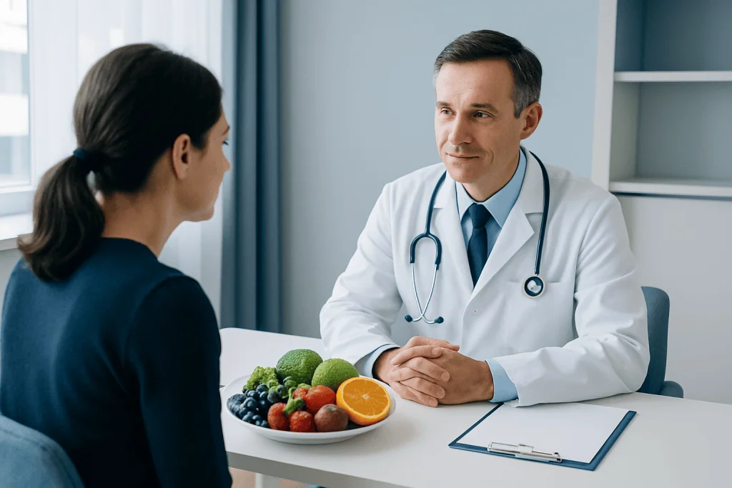 Doctor consulting a patient with fresh fruits on the table in a medical office.