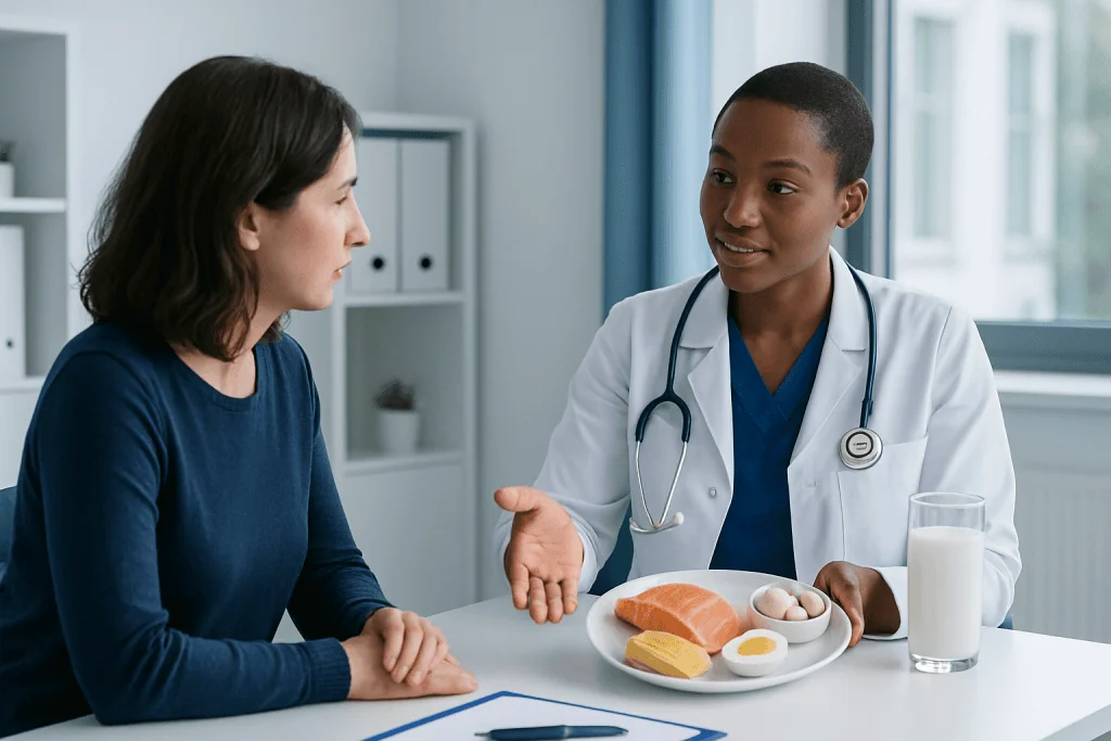 Doctor discussing nutrition with patient at hospital.