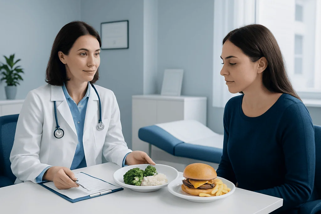 Doctor consulting patient about diet and gallbladder health.