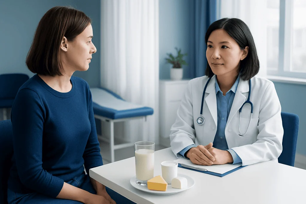 Doctor consulting patient about lactose sensitivity in a clinical setting.