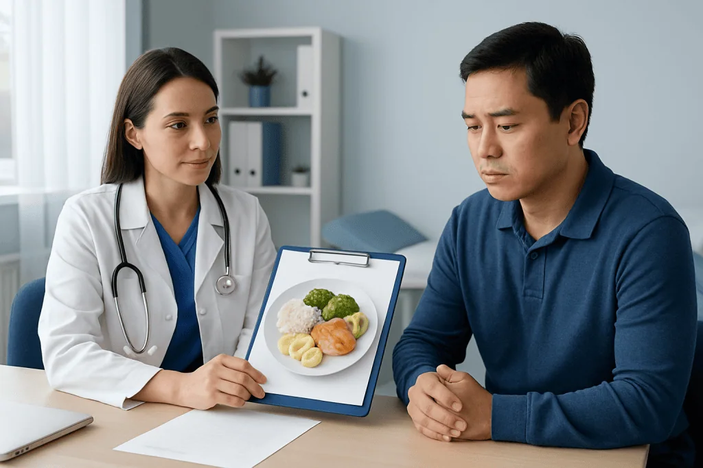 Doctor explaining dietary advice for gastric ulcer to patient with food images.