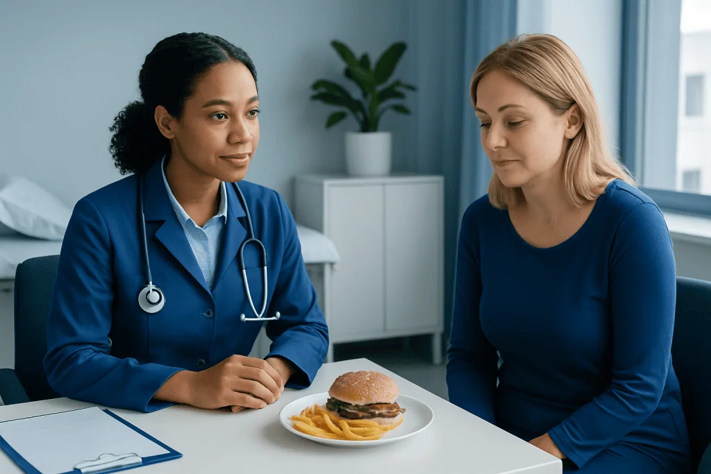 Doctor consulting with patient about diet and health in clinic setting.