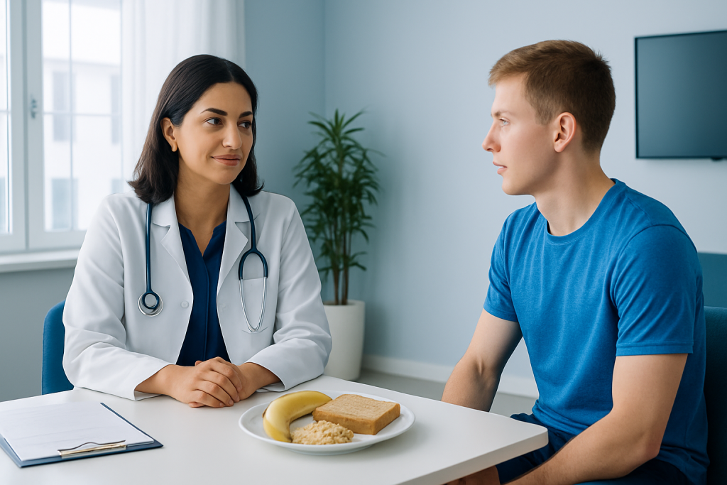 Doctor consulting with a young male patient in a medical office.