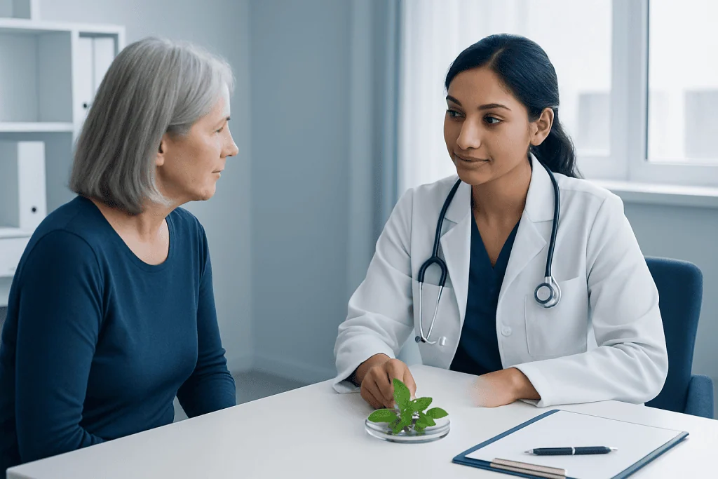 Doctor consulting with elderly patient in a medical office.