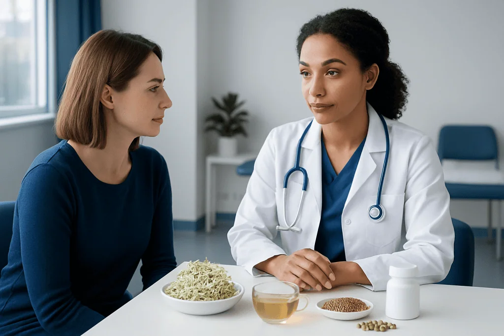 Doctor consulting with a patient about alfalfa's health benefits and risks.