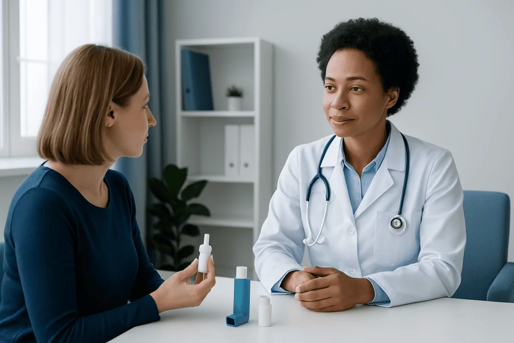 Doctor explains inhaler use to patient in a medical consultation.