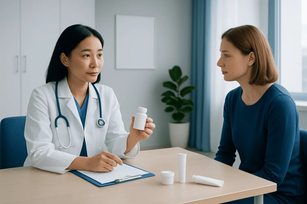 Doctor explaining medication to patient in a clinical setting.
