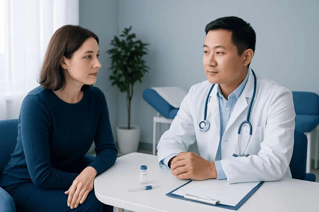 Doctor consulting with female patient in a medical office.