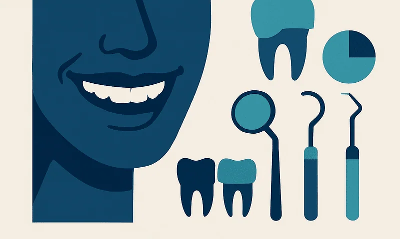 Dental tools and a smiling person representing dental health and veneers.
