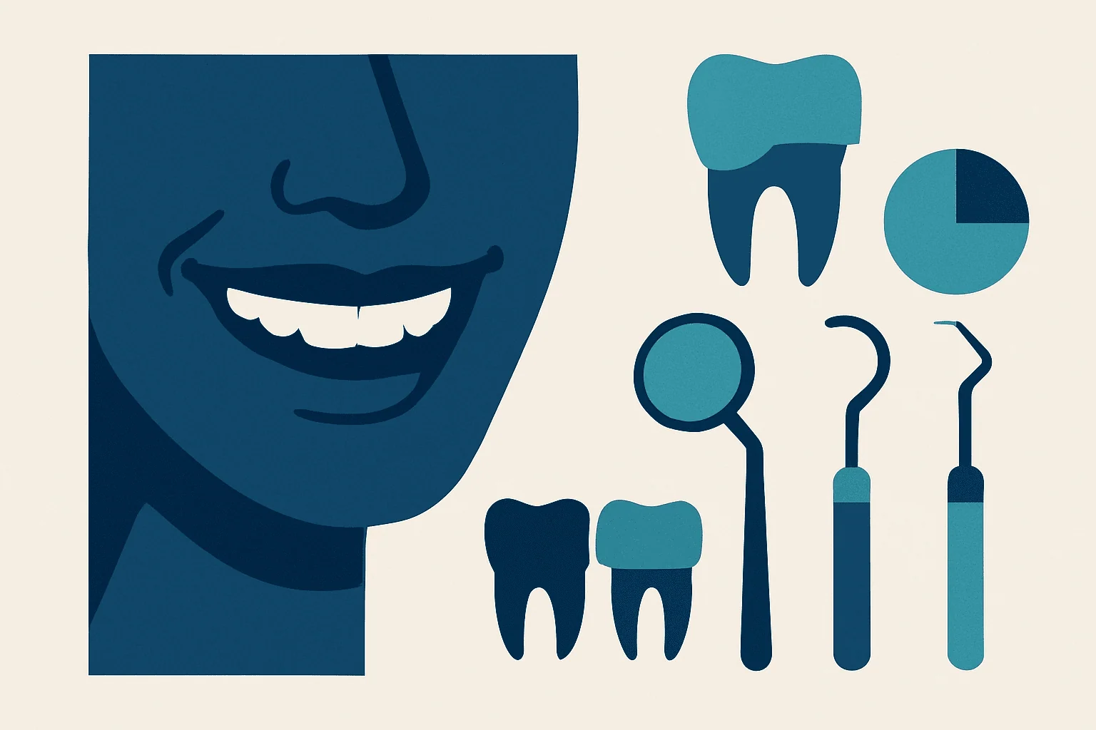 Dental tools and a smiling person representing dental health and veneers.