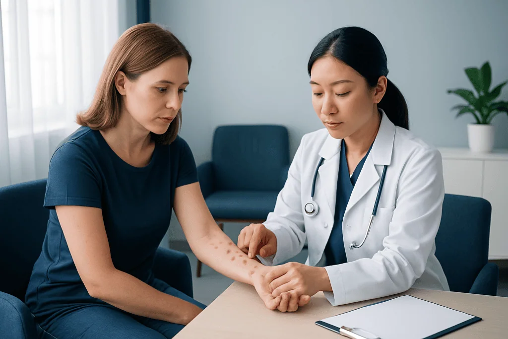 Doctor examining skin rash on patient's arm in consultation room.