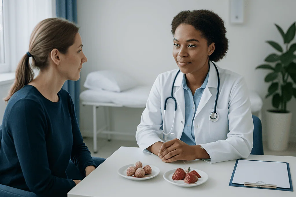 Doctor consulting with patient about health in a clinical setting.