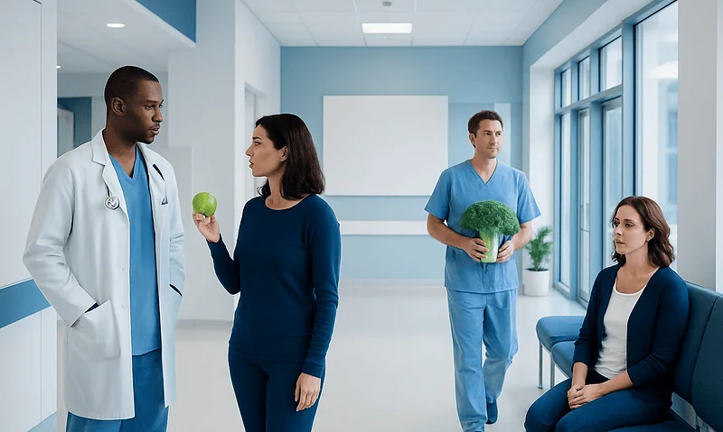 Medical professionals discussing healthy eating in hospital corridor.