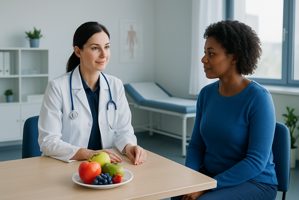 Doctor consulting a patient about fruits that lower blood pressure in a clinical setting.